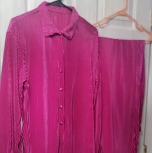 Vibrant Pink Pleated Shirt and Skirt Set